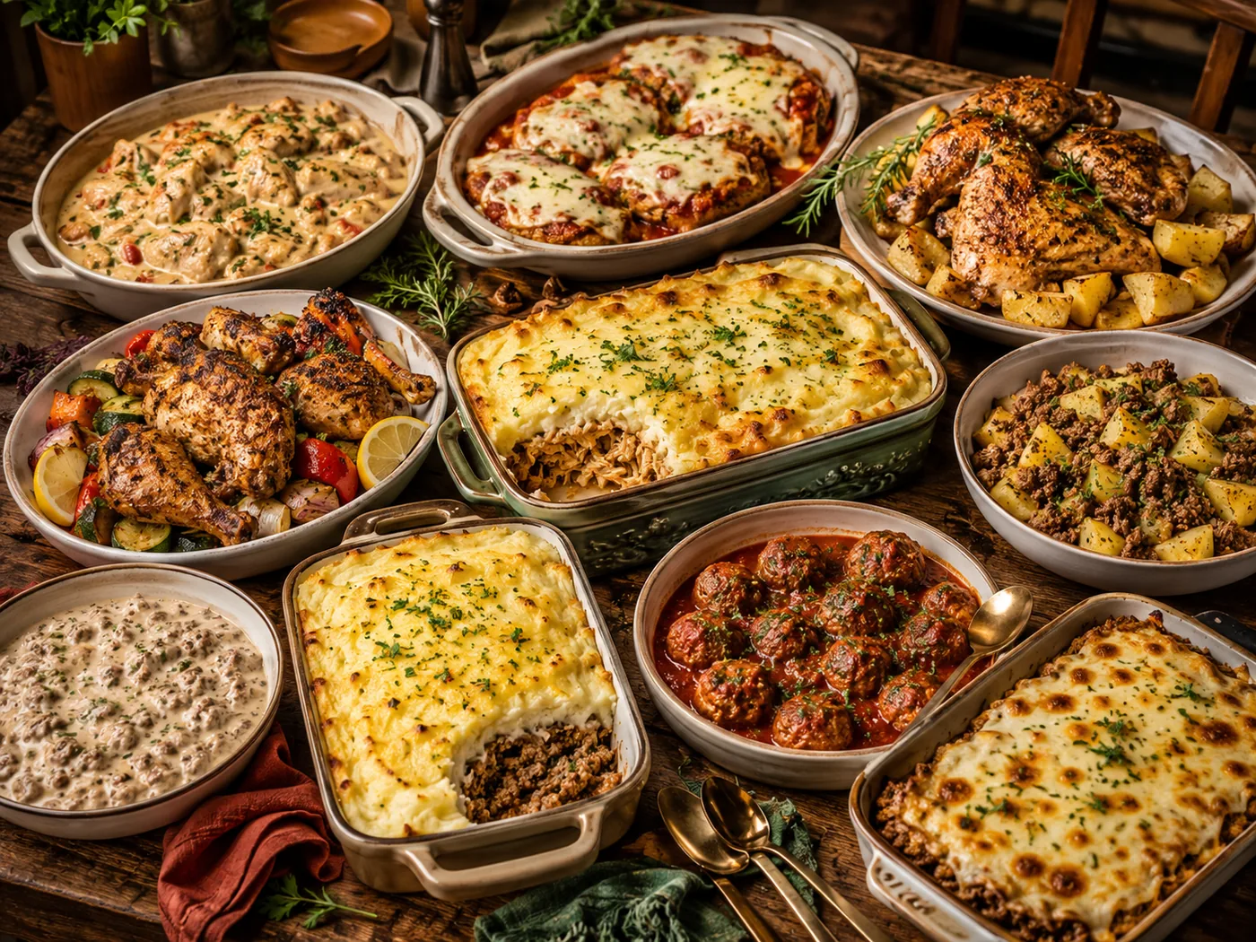 Mesa posta com pratos de frango e carne moída